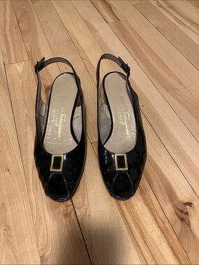 Salvatore Ferragamo Black Patent Slingback Peep-toe Pumps with Gold Buckle
